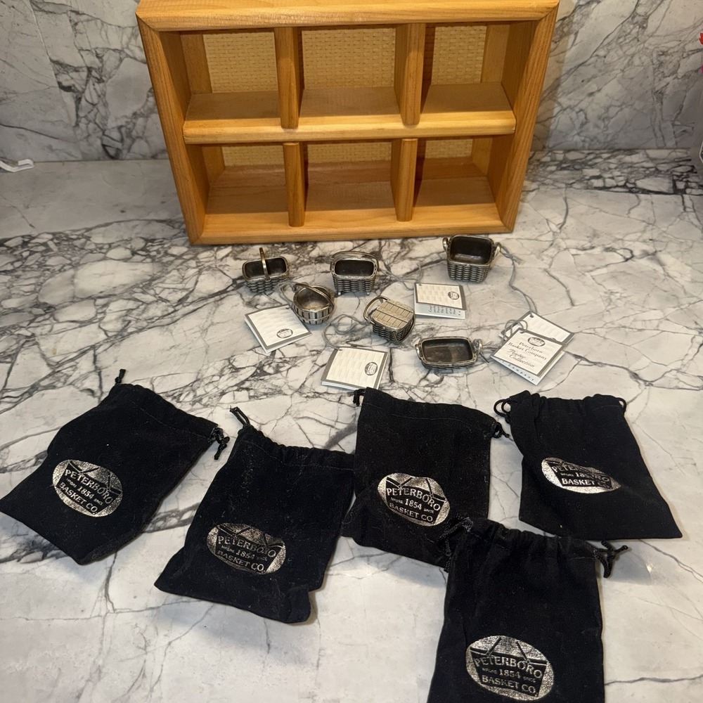Vtg 2000 Peterboro Basket Company Pewter Collection 6 Baskets & Shelf